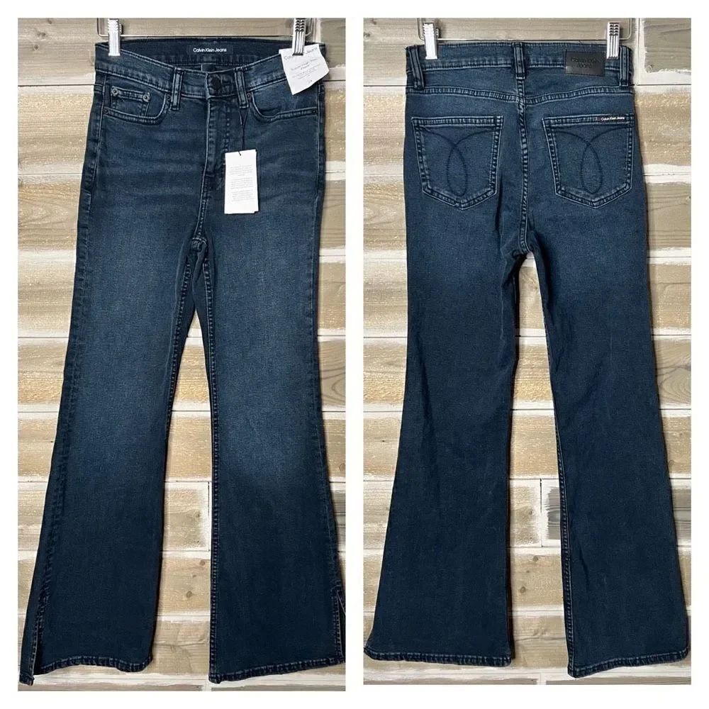 Calvin Klein CK Women's Super-High Rise Flare Slit Hem Blue Jeans Size 24